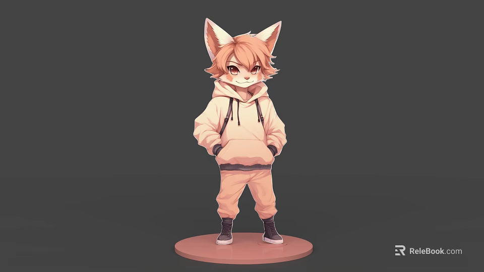 Cartoon Game Movie Character With Fox Ears Orange Fur Hoodie Sweatpants Standing on Round Base 3d model 