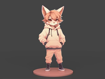 Cartoon Game Movie Character With Fox Ears Orange Fur Hoodie Sweatpants Standing on Round Base 3d model