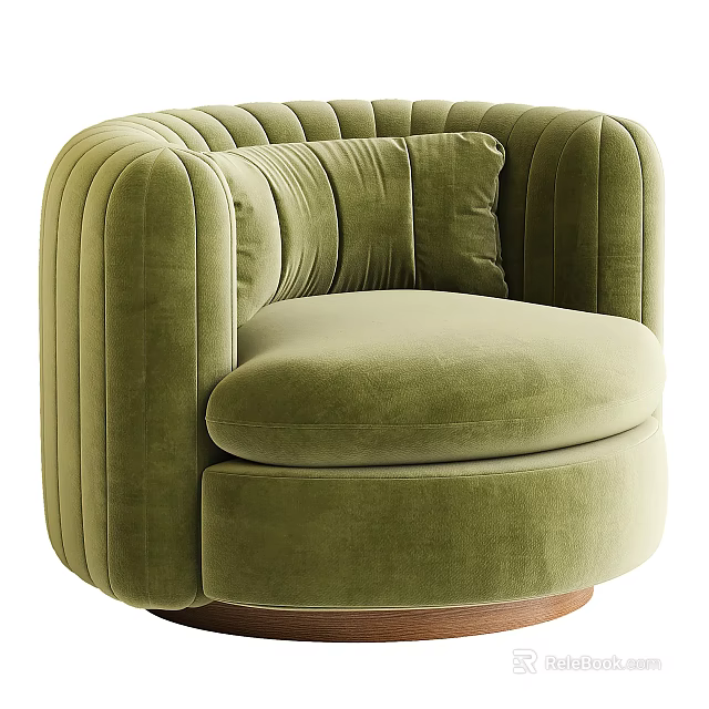 Modern Green Velvet Single Sofa With Vertical Channel Design Rounded Shape And Wooden Base 3d model 