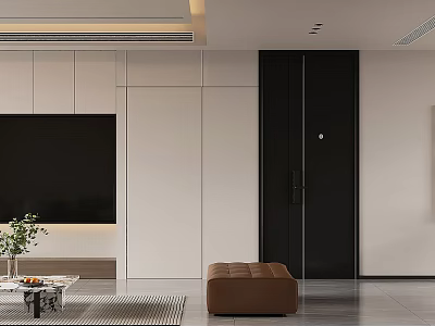 Modern Living Dining Room Interior With TV Wall Cabinets Coffee Table Plants Ottoman And Recessed Lights 3d model