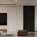 Modern Living Dining Room Interior With TV Wall Cabinets Coffee Table Plants Ottoman And Recessed Lights