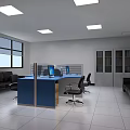 Office Interior With Blue Reception Desk Computers Office Chairs Black Sofas And Glass Cabinets 3d model