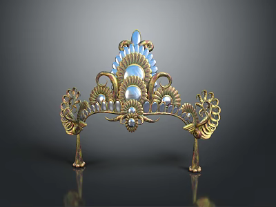 Ornate Gold Tiara with Blue Gemstones White Pearls and Shell Shaped Details on Elegant Stand 3d model