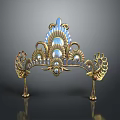 Ornate Gold Tiara with Blue Gemstones White Pearls and Shell Shaped Details on Elegant Stand