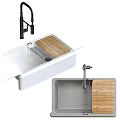 Black Kitchen Sink With Double Bowl Gold Faucet And Wooden Draining Board