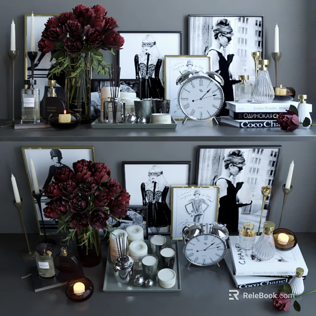 Elegant Decorative Ornament Set With Framed Prints Vintage Clock Red Peonies And Candles 3d model 