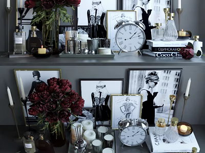 Elegant Decorative Ornament Set With Framed Prints Vintage Clock Red Peonies And Candles 3d model