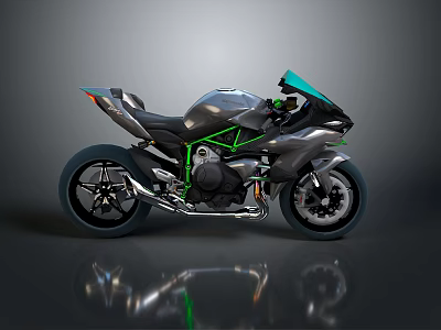 Sleek Modern Motorcycle With Silver Gray Body Green Accents And Reflective Surface 3d model