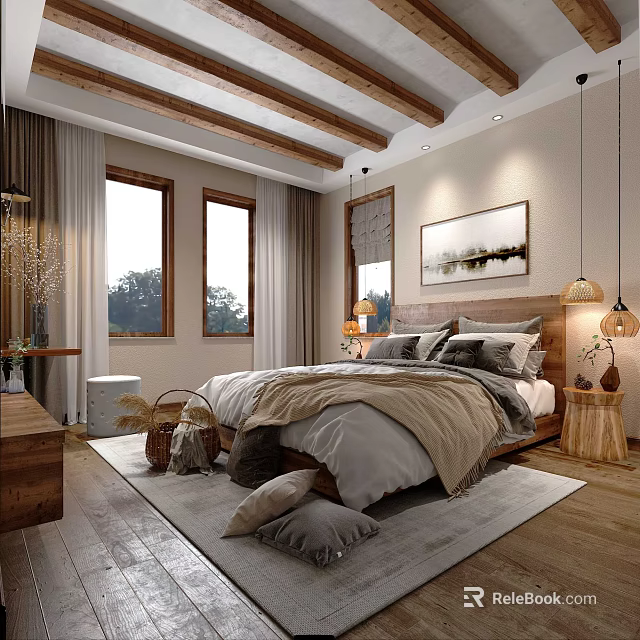 Cozy Hotel Guest Room With Wooden Ceiling Beams Windows Soft Bedding And Decorative Painting 3d model 