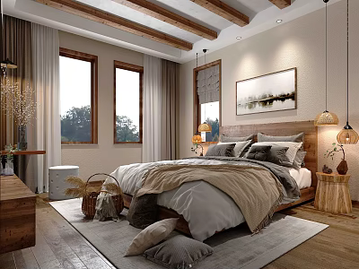 Cozy Hotel Guest Room With Wooden Ceiling Beams Windows Soft Bedding And Decorative Painting 3d model