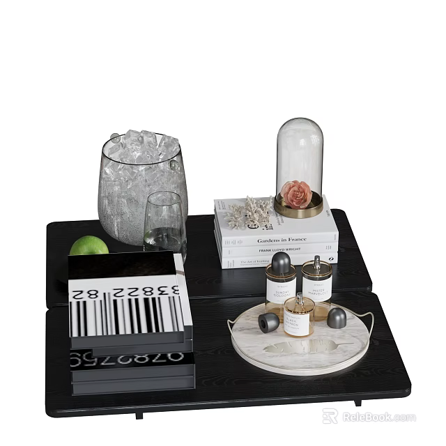 Decorative Ornament Set with Glass Cloche Rose Ice Bucket Glassware Book Small Jars and Tray 3d model 