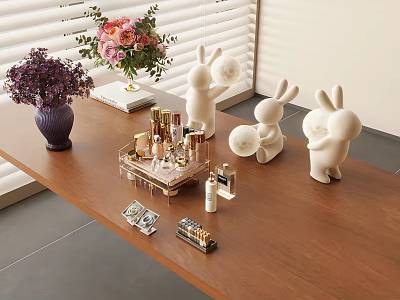 Elegant Perfume and Cosmetics Display on Wooden Table with Rabbit Figurines and Flowers 3d model