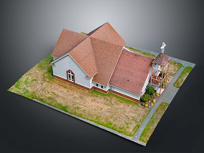 Church Building Model With Red Roof White Walls Cross On Roof And Lawn Pathway 3d model