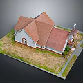 Church Building Model With Red Roof White Walls Cross On Roof And Lawn Pathway