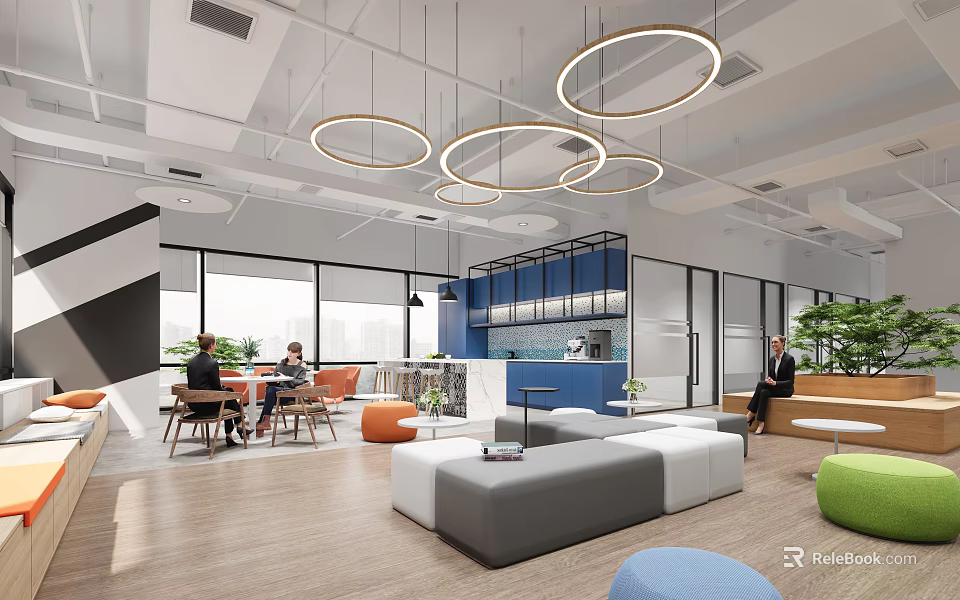 Modern Office Pantry Interior With Open Design Comfortable Seating Round Pendant Lights And Blue Cabinets 3d model