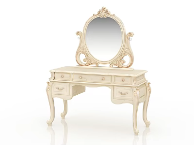 Classical Dressing Table with Carved Details Oval Mirror and Drawers 3d model