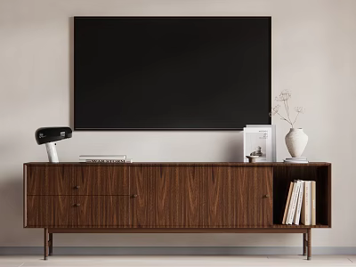 Modern Wooden TV Stand with Black TV White Vase and Books in Living Room 3d model