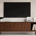 Modern Wooden TV Stand with Black TV White Vase and Books in Living Room