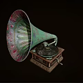 Vintage Gramophone With Colorful Decorative Horn And Wooden Carved Base Design