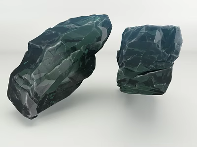 Dark Green Textured Stone And Natural Wood Pieces Display On White Background 3d model