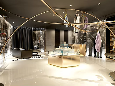 Modern Elegant Clothing Store Interior With Golden Arch Hanging Clothes Display Counter And Marble Floor 3d model