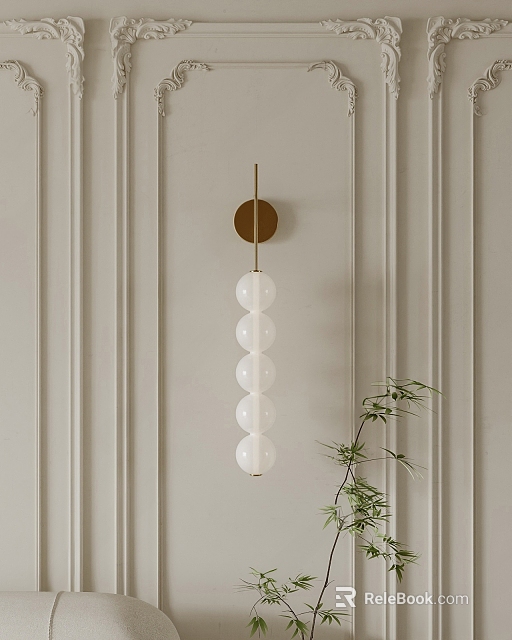 Gold Base Wall Lamp With White Globe Shades On Light Vertical Striped Wall And Greenery 3d model 