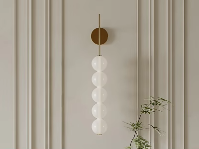Gold Base Wall Lamp With White Globe Shades On Light Vertical Striped Wall And Greenery 3d model