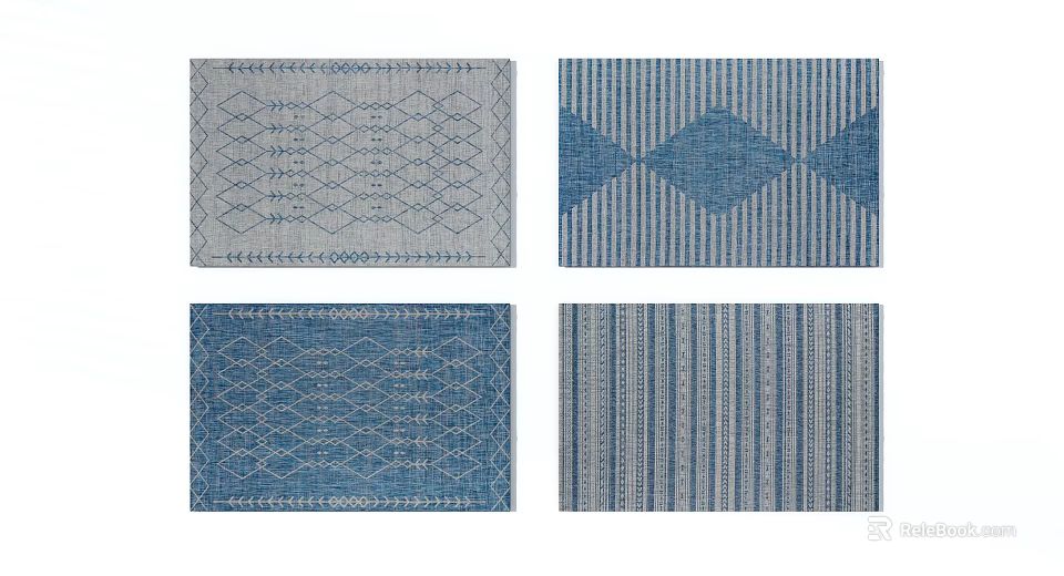 Square Rugs with Blue and White Geometric Patterns Striped and Diamond Designs 3d model