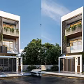 Modern Detached Villa White Exterior Black Louvers Second Floor Balcony With Plants Glass Railings Trees