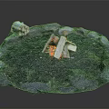 Outdoor Campfire Scene With Circular Stone Circle Small Cabin And Green Grass