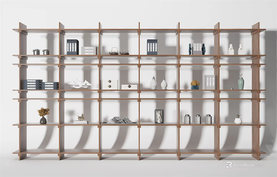 Modern Wooden Multi Layer Shelving Unit With Decorative Items And Storage Accessories 3d model 