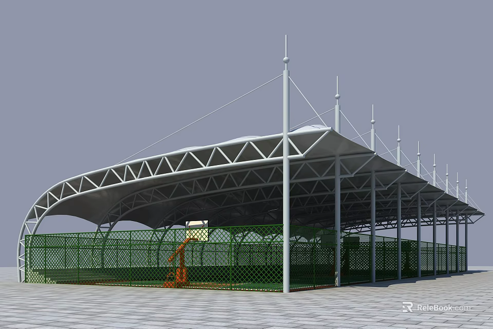 Tensile Membrane Structure Covering Basketball Court With Supporting Poles And Green Fencing 3d model 