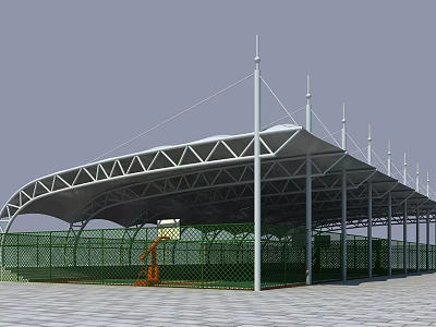 Tensile Membrane Structure Covering Basketball Court With Supporting Poles And Green Fencing 3d model