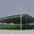 Tensile Membrane Structure Covering Basketball Court With Supporting Poles And Green Fencing