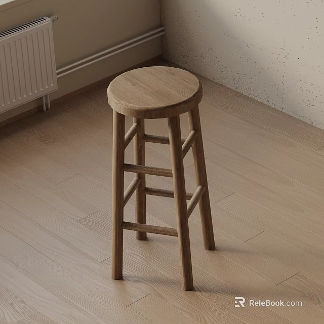 Wooden Bar Stool With Round Seat And Ladder Style Design On Light Wooden Floor 3d model 