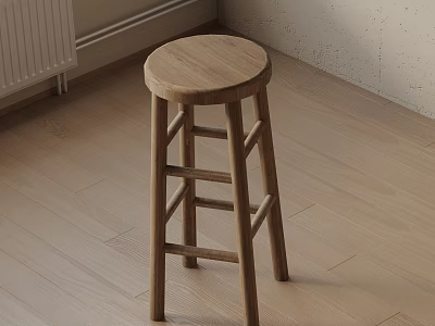 Wooden Bar Stool With Round Seat And Ladder Style Design On Light Wooden Floor 3d model