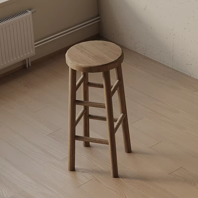 Wooden Bar Stool With Round Seat And Ladder Style Design On Light Wooden Floor 3d model