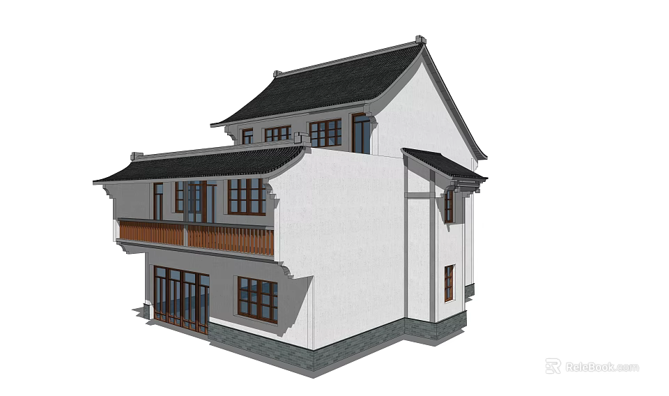 Rural Self Built House Chinese Style Exterior With Black Roof White Walls And Wooden Balcony 3d model 
