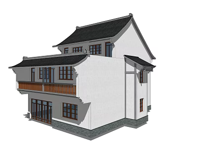 Rural Self Built House Chinese Style Exterior With Black Roof White Walls And Wooden Balcony 3d model