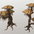 Unique Mushroom Like Plants With Multiple Umbrella Shaped Caps Twisted Trunks And Hanging Tendrils