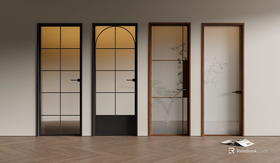 Modern Interior Hinged Doors With Grid Arched Frosted Patterned Glass And Black Brown Frames 3d model
