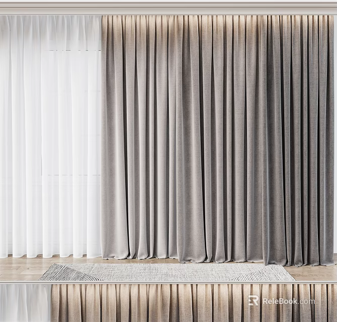 White Sheer and Gray Velvet Curtains in Modern Room With Wooden Floor and Rug 3d model 
