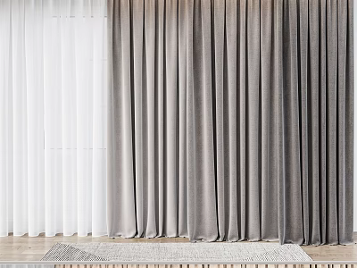 White Sheer and Gray Velvet Curtains in Modern Room With Wooden Floor and Rug 3d model