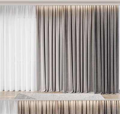 White Sheer and Gray Velvet Curtains in Modern Room With Wooden Floor and Rug 3d model