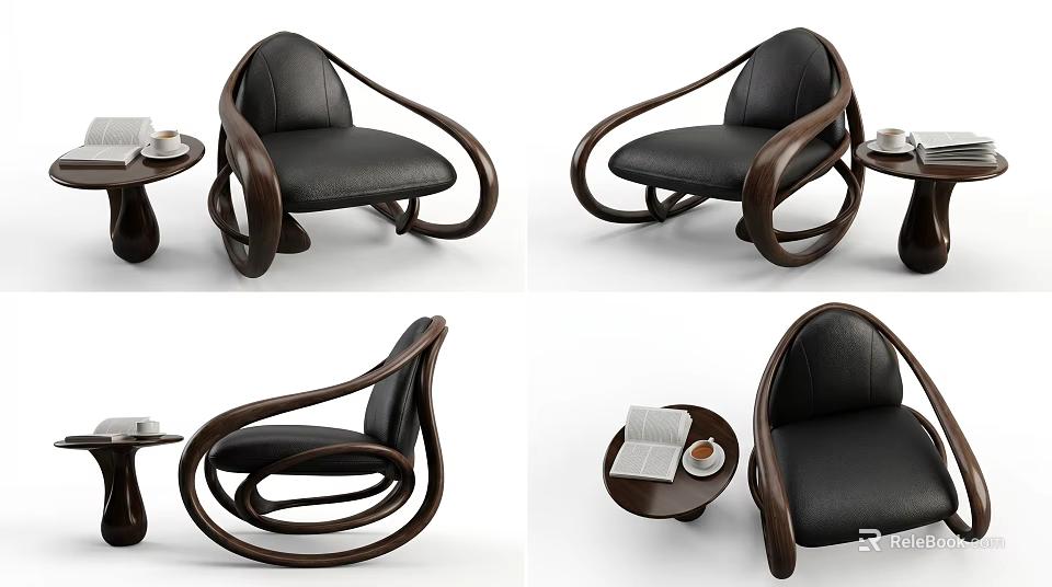 Stylish Black Leather Single Sofa With Curved Wooden Frame And Side Table 3d model 