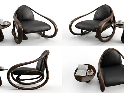 Stylish Black Leather Single Sofa With Curved Wooden Frame And Side Table 3d model