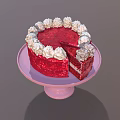 Red Velvet Cake With White Cream Topping On Pink Cake Stand And Sliced Piece