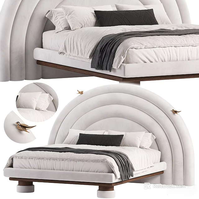 Modern Double Bed With Curved Headboard Light Upholstery And Decorative Birds 3d model 