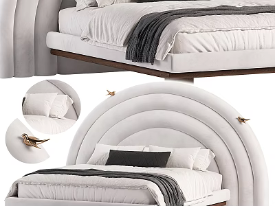 Modern Double Bed With Curved Headboard Light Upholstery And Decorative Birds 3d model