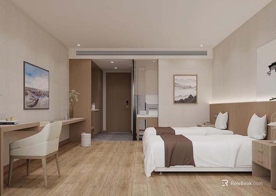 Modern Hotel Guest Room Interior With Double Bed Wooden Flooring Desk And Decorative Paintings 3d model 